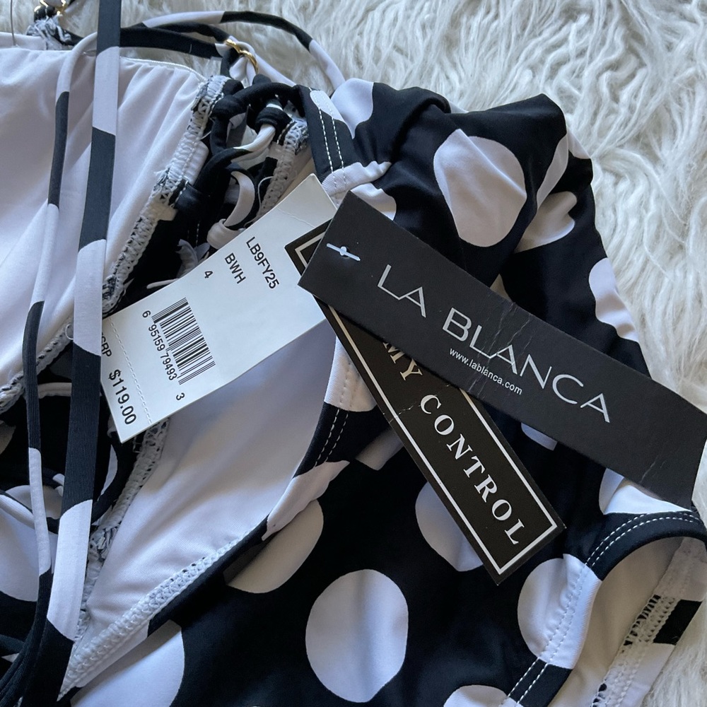🆕 La Blanca Polka Dot Lace-Up Tummy Control One-Piece Swimsuit‎ - Picture 3 of 7